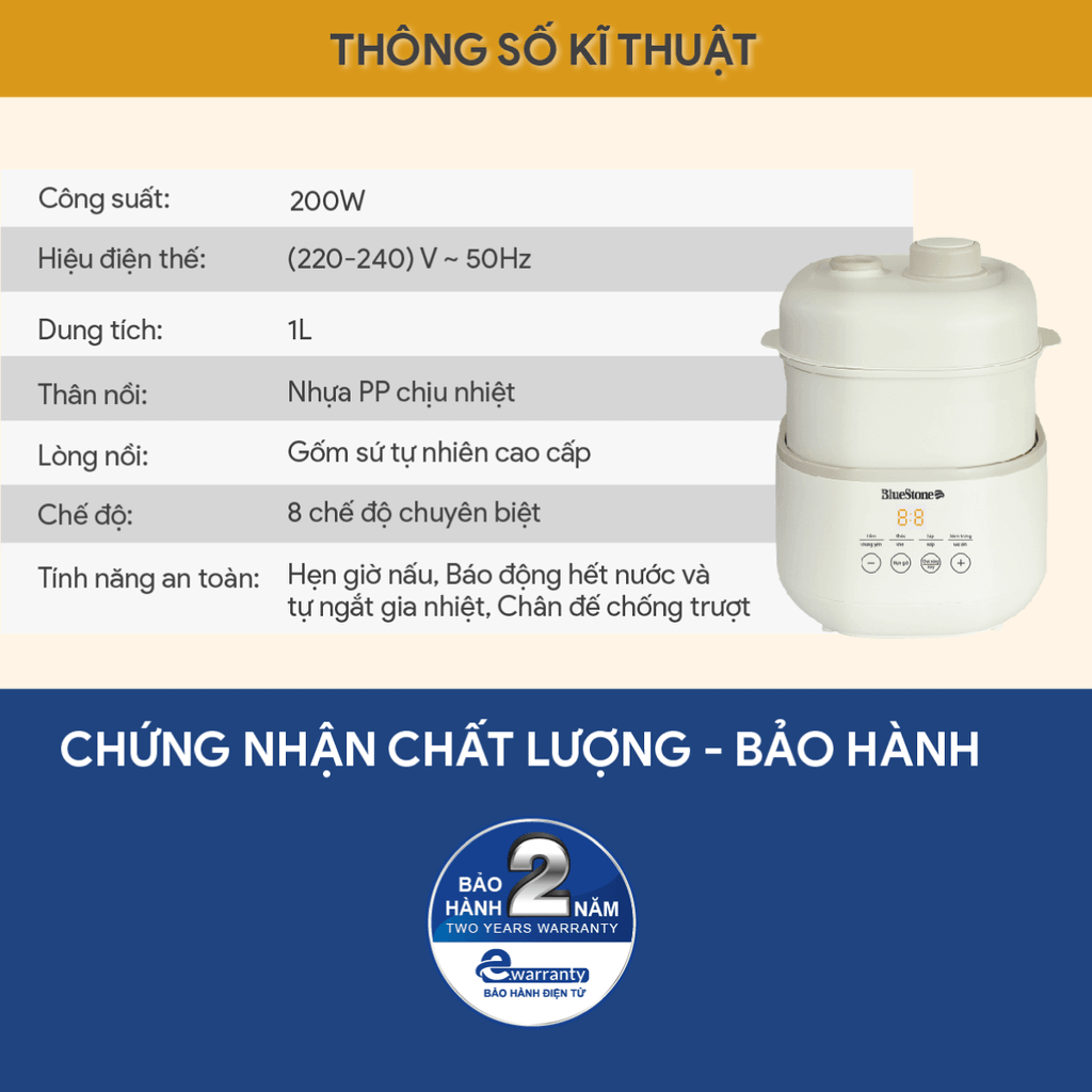 Nồi Nấu Chậm BlueStone SCB-6119 1 Lít 200W - Hàng Chính Hãng