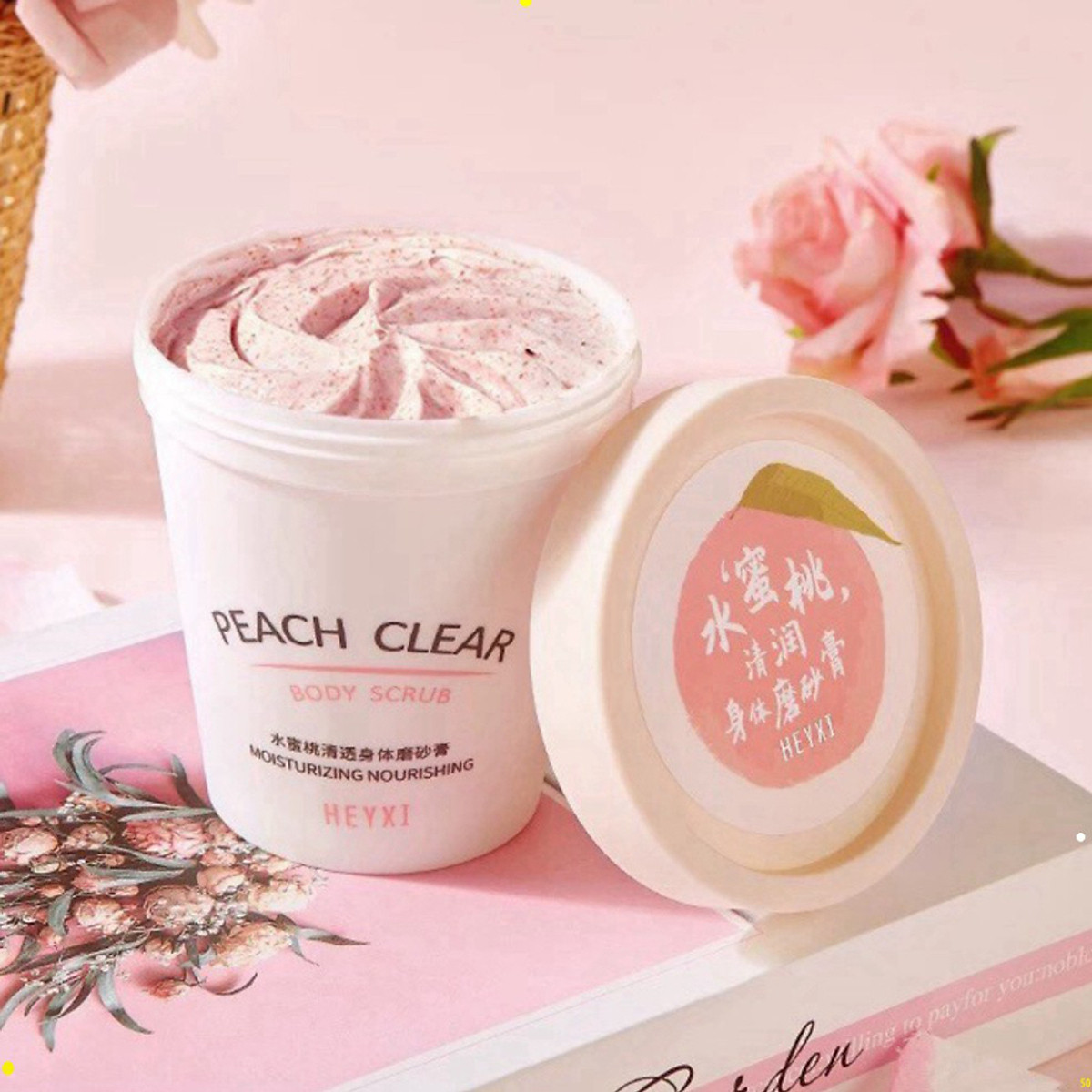 Tẩy da chết heyxi hương đào làm mịn trắng da peach body scrub 200g(tặng gói mặt nạ ngủ YANJIAYI)