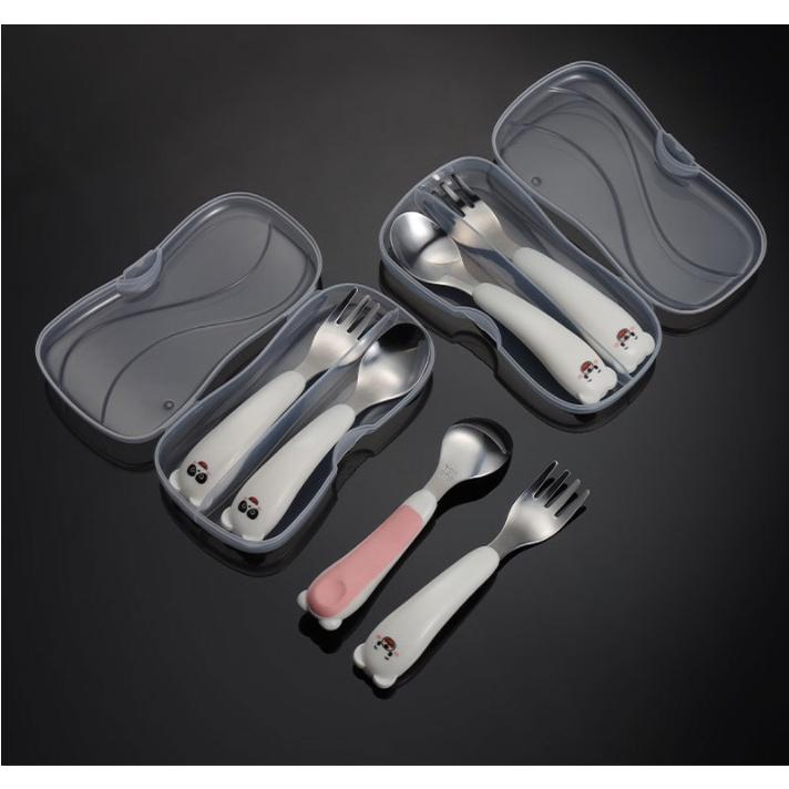 Set thìa dĩa cho bé 2in1 cán nhựa, Inox 304 an toàn