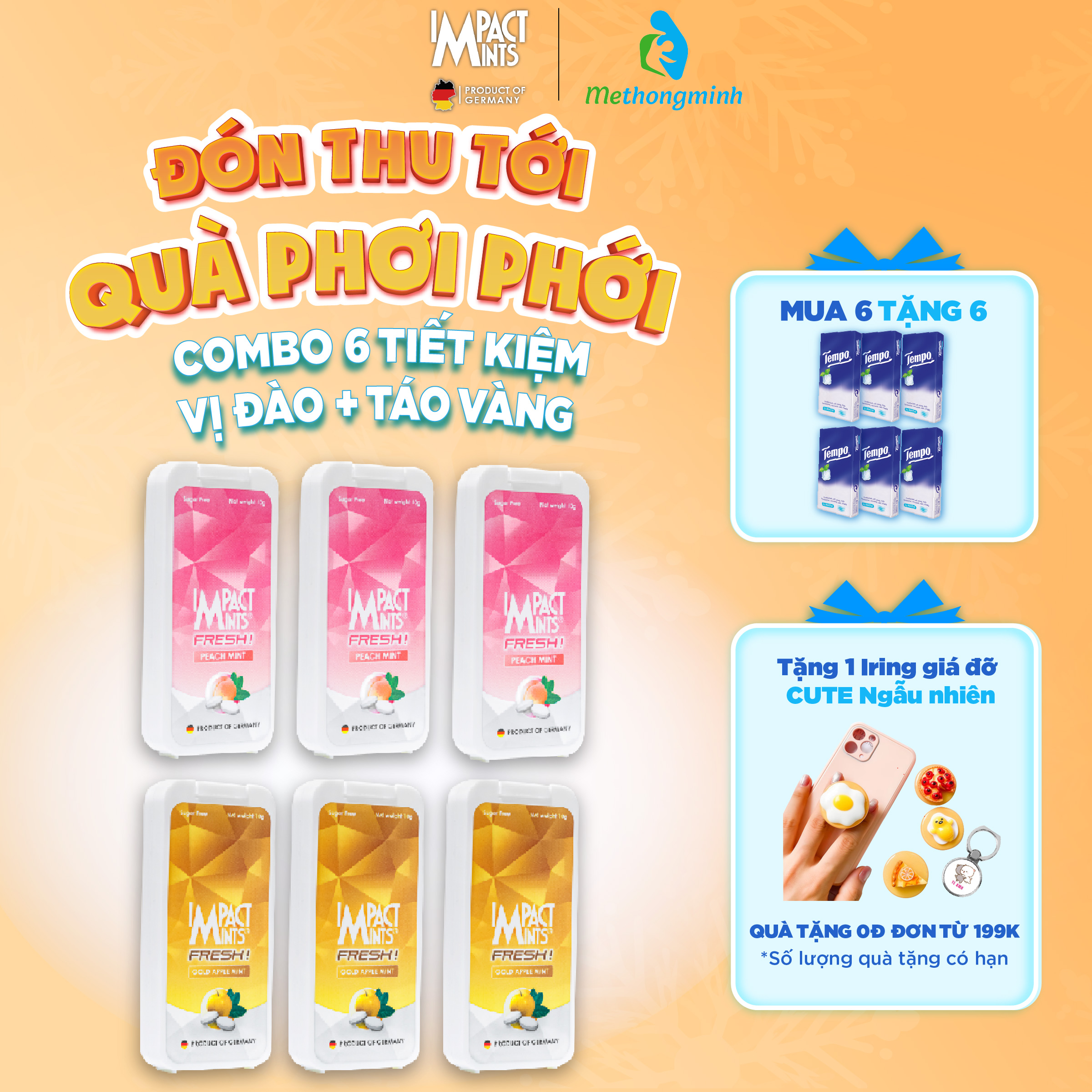 Combo 6 Ngẫu Nhiên Kẹo Không Đường Bạc Hà IMPACT MINTS FRESH 10g (Tặng kèm 6 gói khăn giấy tempo)