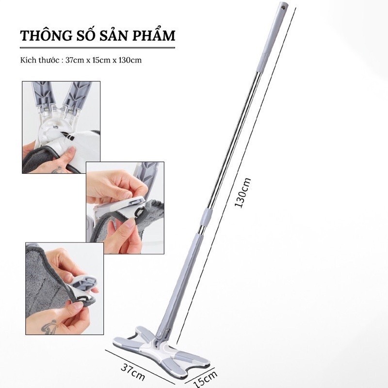 Chổi Lau Nhà Tự Vắt Xoay 360 Độ Chữ X, Gấp Gọn Kéo Dài 1M4 Lau Sàn Siêu Sạch Siêu Thấm - Hàng Chính Hãng