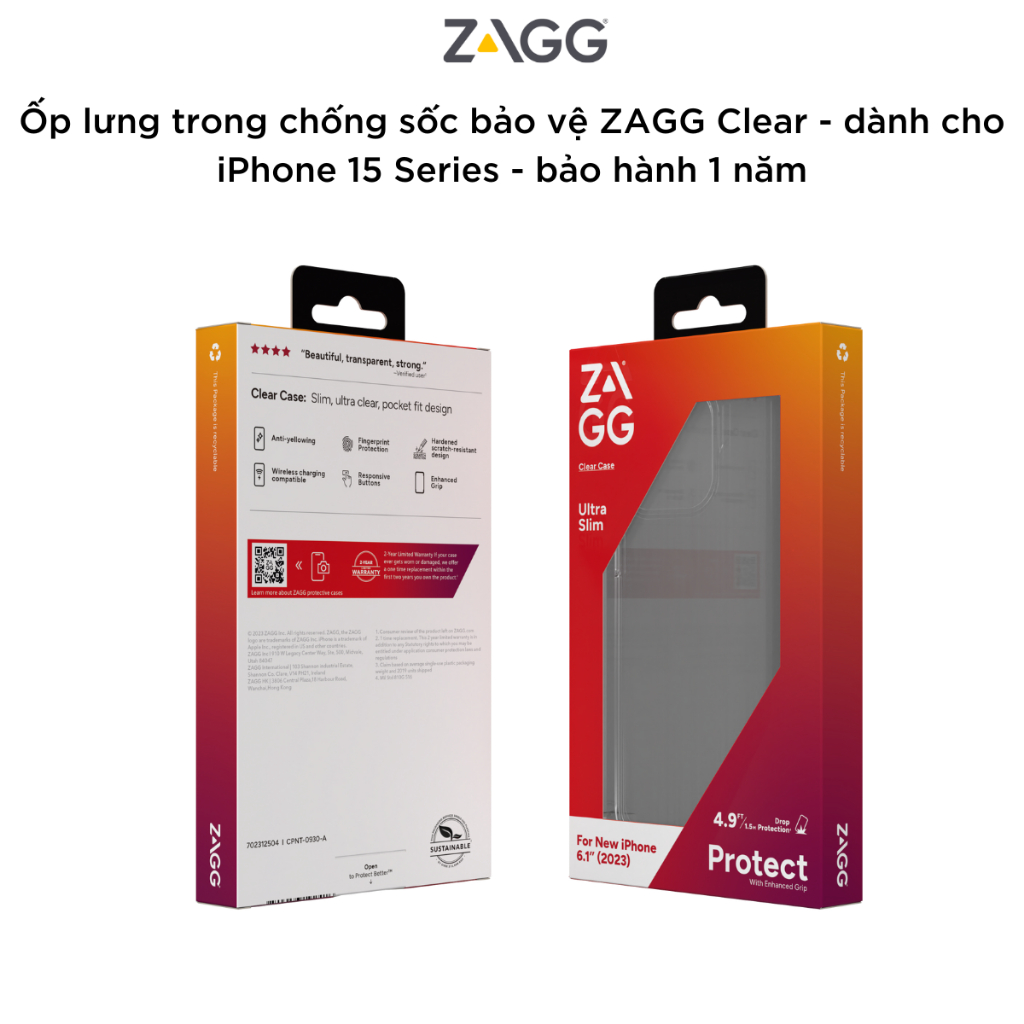 Ốp lưng trong chống sốc bảo vệ ZAGG ESNTL Clear / Clear Snap cho iPhone 15 Series - chống sốc 1.5M - bảo hành 1 năm- Hàng chính hãng
