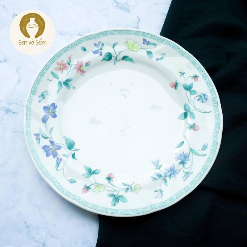 26,5cm Dĩa gốm size lớn màu trắng viền dải hoa xanh gốm Nhật SVG3947