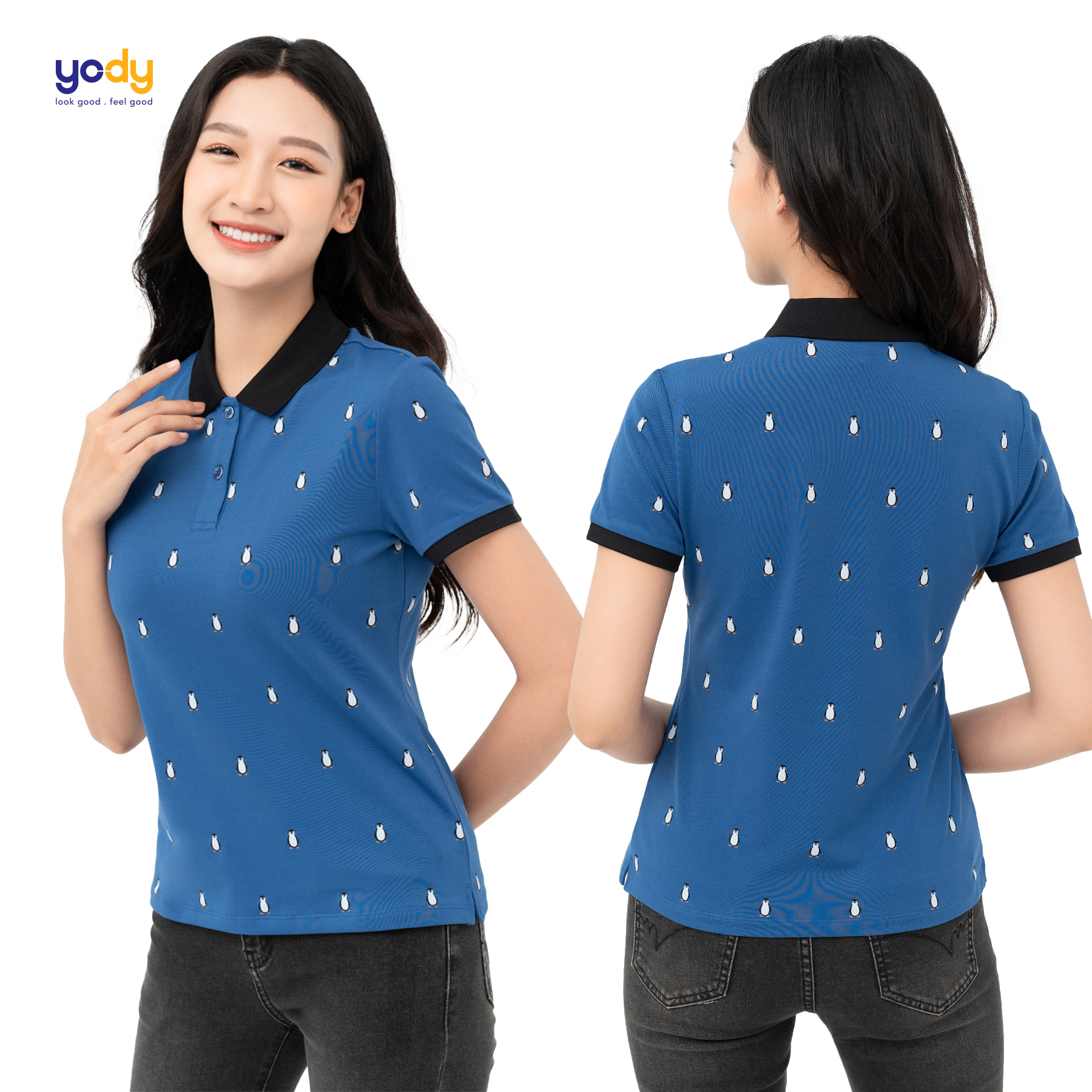 Áo thun polo nữ YODY In chim cánh cụt mềm mịn co dãn năng động APN6176