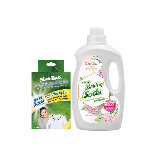 Combo Chai Nước Giặt Baking Soda Mao Bao 2Kg + Hộp Bột Tẩy Quần Áo Thiên Nhiên Mao Bao 12g x 5 gói