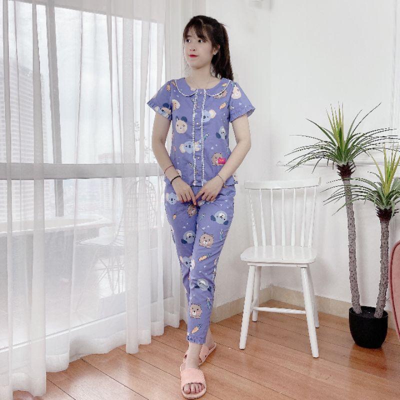 Quần áo mặc nhà, sau sinh set bộ cổ sen phối ren