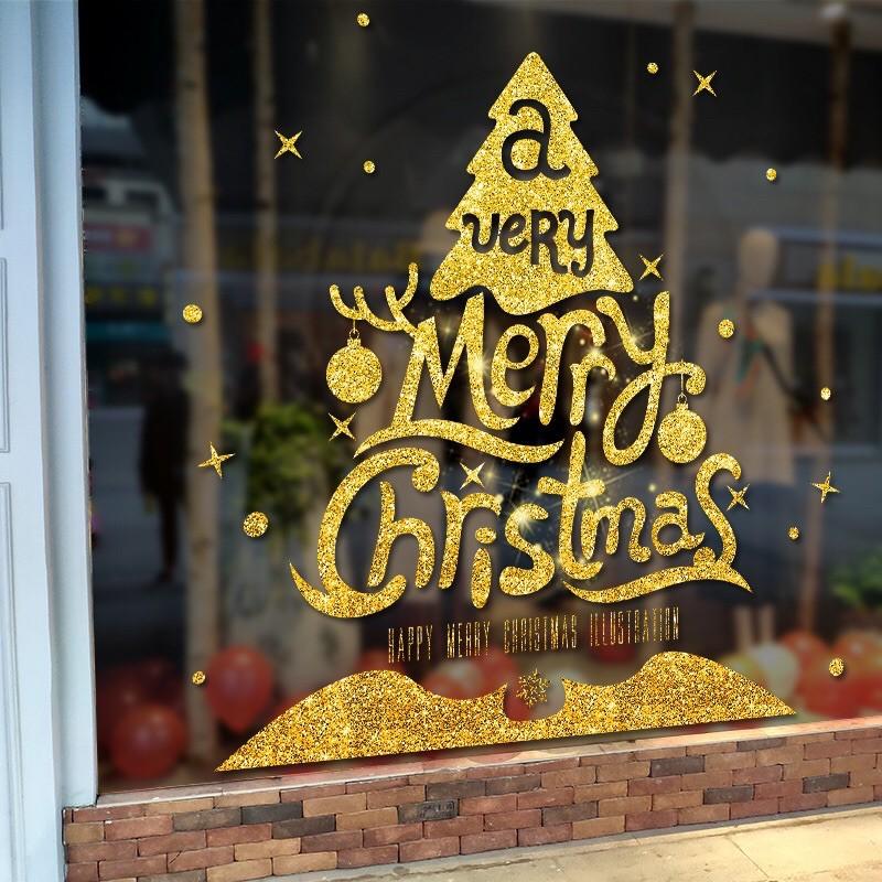Decal trang trí Noel - Thông Chữ merry Christmas nhũ kim tuyến vàng