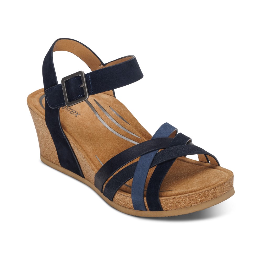 Sandal sức khoẻ nữ Aetrex Noelle Navy - Giày cao gót 5p đệm da mềm