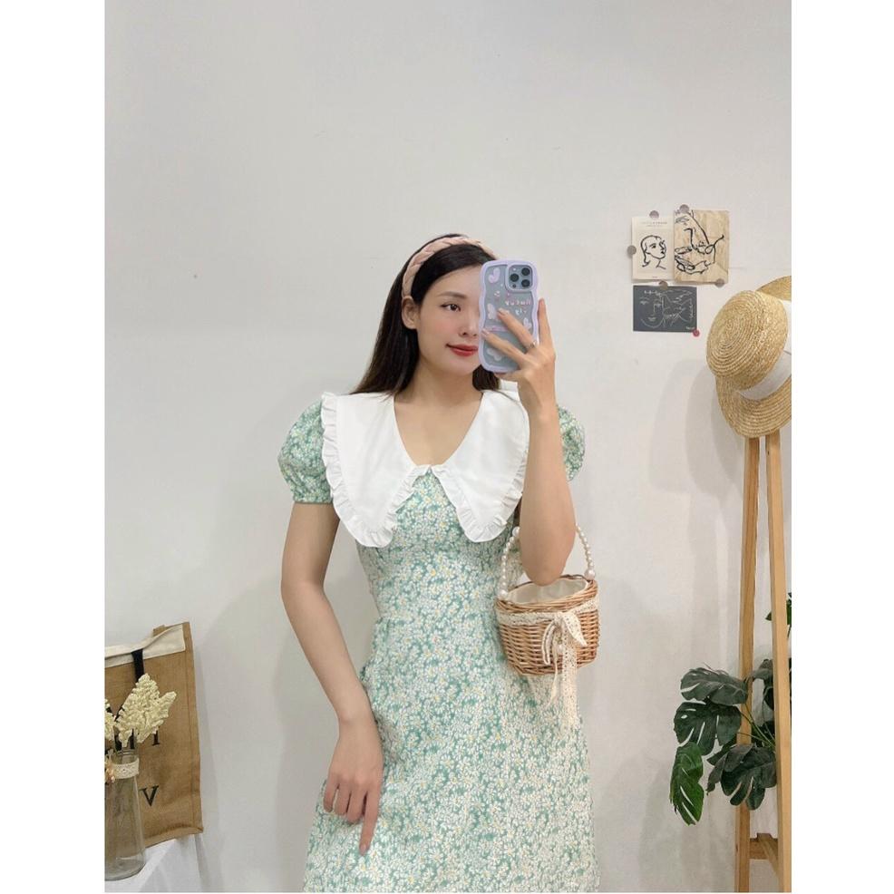 Đầm hoa nhí cổ tim công sở dự tiệc, Váy hoa nhí cổ bâu trắng màu xanh lá Cao Cấp hàng loại 1, tay ngắn nữ tính - MiNhi