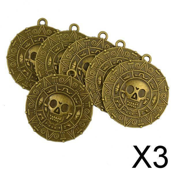 3x6x Punk Halloween Pirates Aztec Coin Medallion Skull Necklace Pendant Bronze