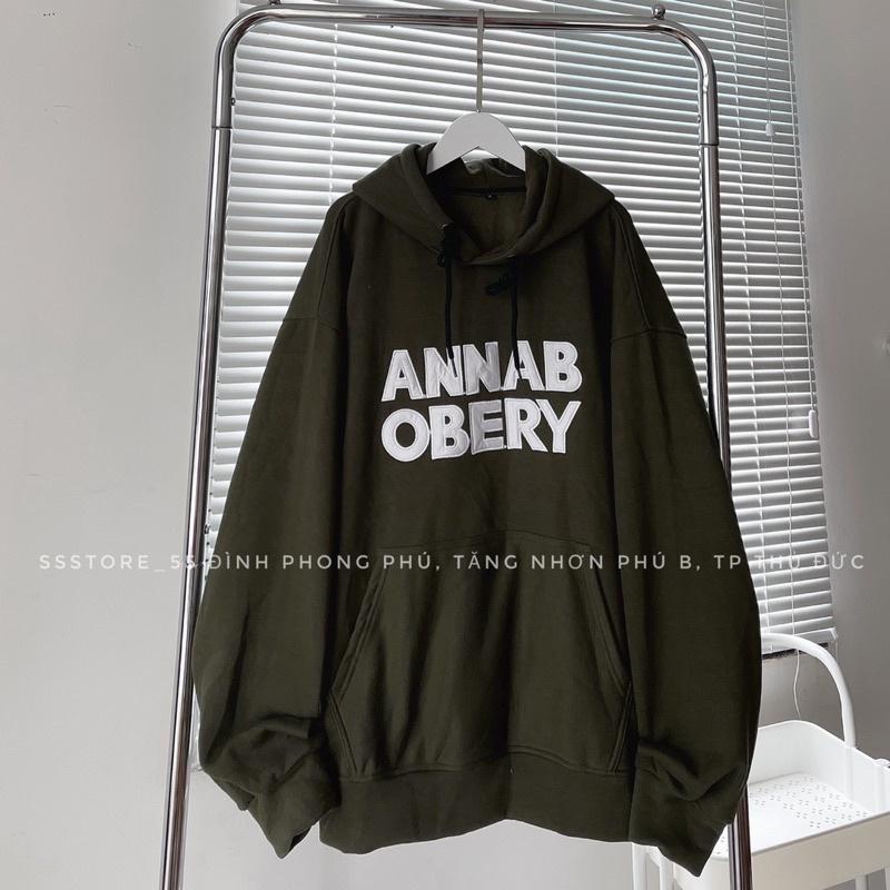 Áo Hoodie nỉ cotton lót bông thêu chữ ANNAB màu xanh form rộng unisex nam nữ