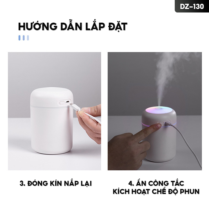 Máy Phun Sương Tạo Ẩm Xông Tinh Dầu Để Bàn Mini Có Đèn Led 7 Màu Dung Tích Chứa 300ml DZ-130