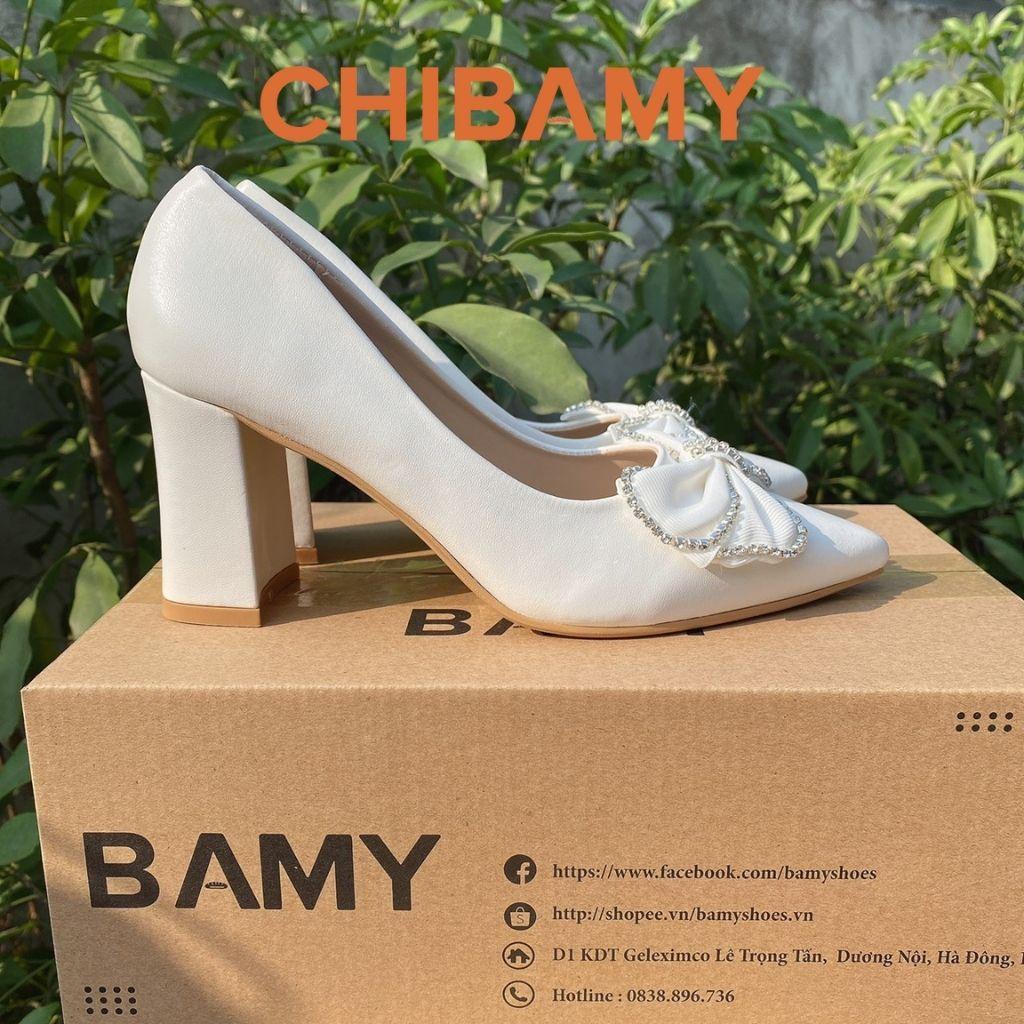 Giày cao gót nữ đính nơ 7cm CHIBAMY, giày nữ công sở mũi nhọn chất da mềm mã CG02