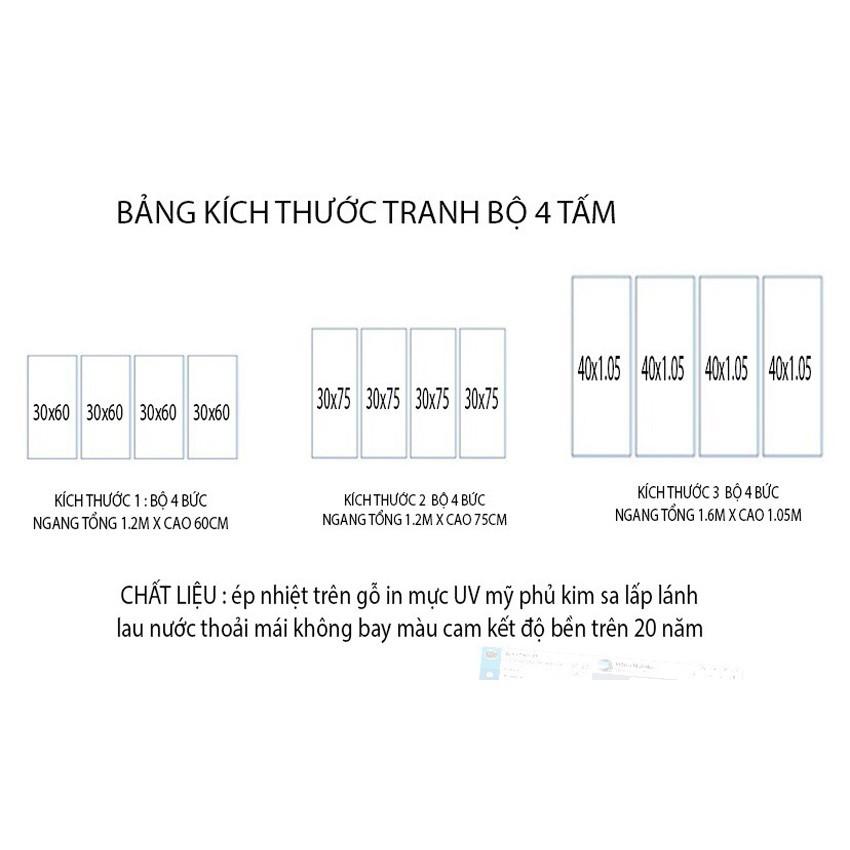 Tranh treo tường 4 tấm 3D/gỗ MDF Hàn Quốc chống ẩm mốc, mối mọt