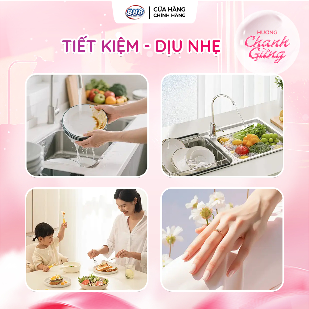 Combo 4 Túi Nước Rửa Chén 888 Hương Chanh Gừng Dịu Nhẹ Cho Da Tay 0.6kg/Túi
