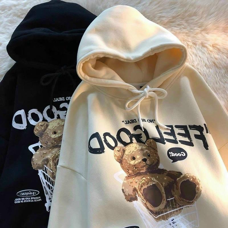 Áo Khoác Bomber Nỉ FEELGOOD in Hình Gấu_ Tay Cánh Dơi Phồng Phom Rộng_Chất Nỉ Bông Ngoại Nhập Không Xù Lông_Hàng May Kỹ