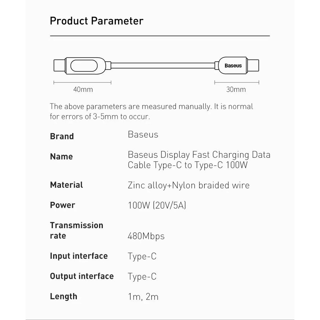 Cáp sạc C to C 100W hiển thị công suất Baseus Display CATSK-B01 - Hàng chính hãng