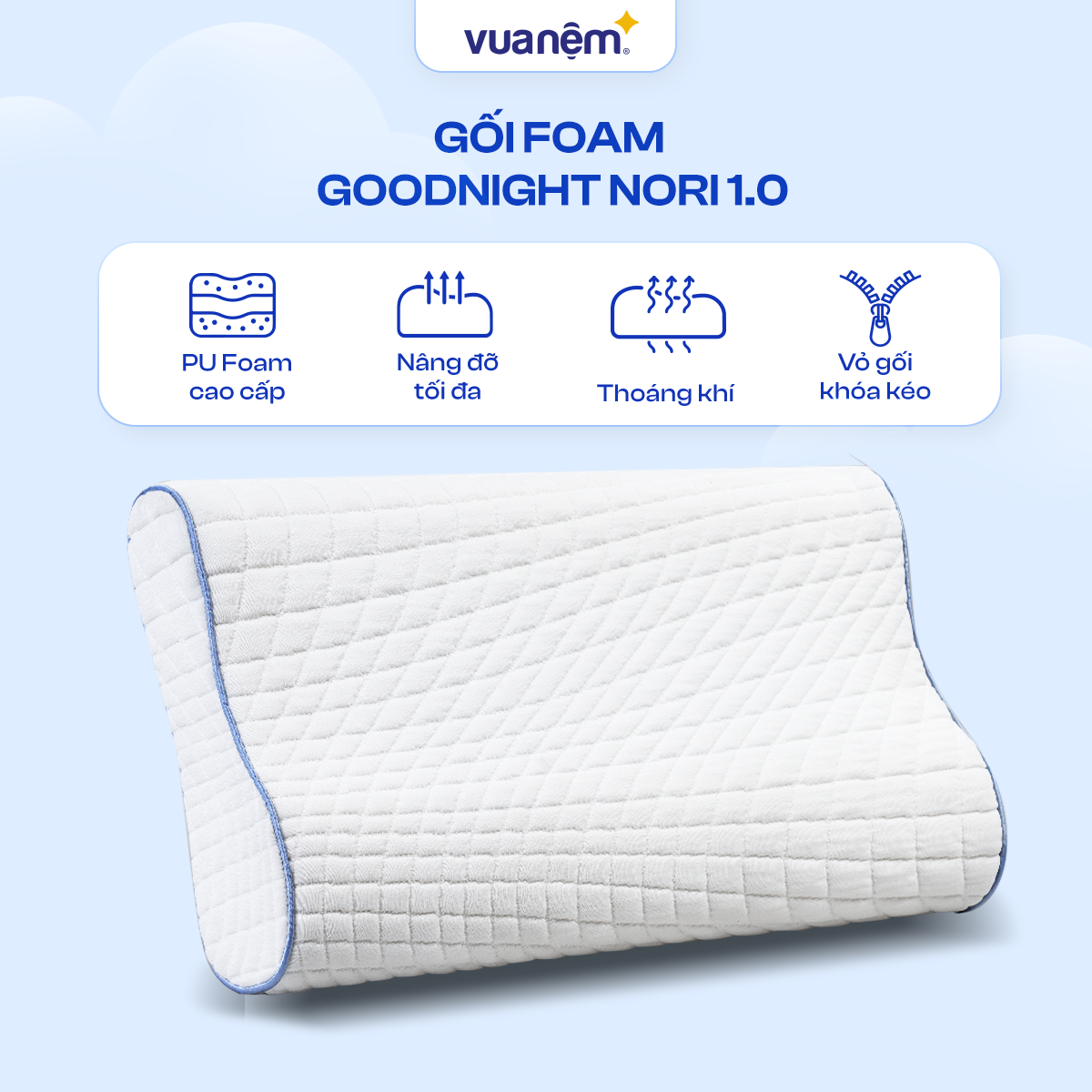 ( Hàng mới ) Gối foam Goodnight Nori 1.0 lượn sóng, êm ái, nâng đỡ cổ vai gáy