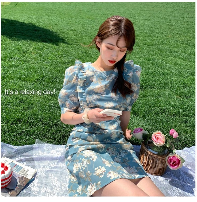 ĐẦM HỌA TIẾT MÀU XANH XẾP LY DH061
