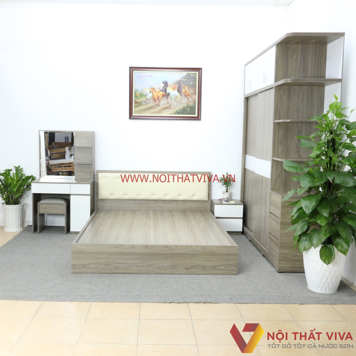 Bộ Combo Phòng Ngủ Tủ Kịch Trần Gỗ MDF Màu Xám Phối Trắng Cao Cấp Đẹp