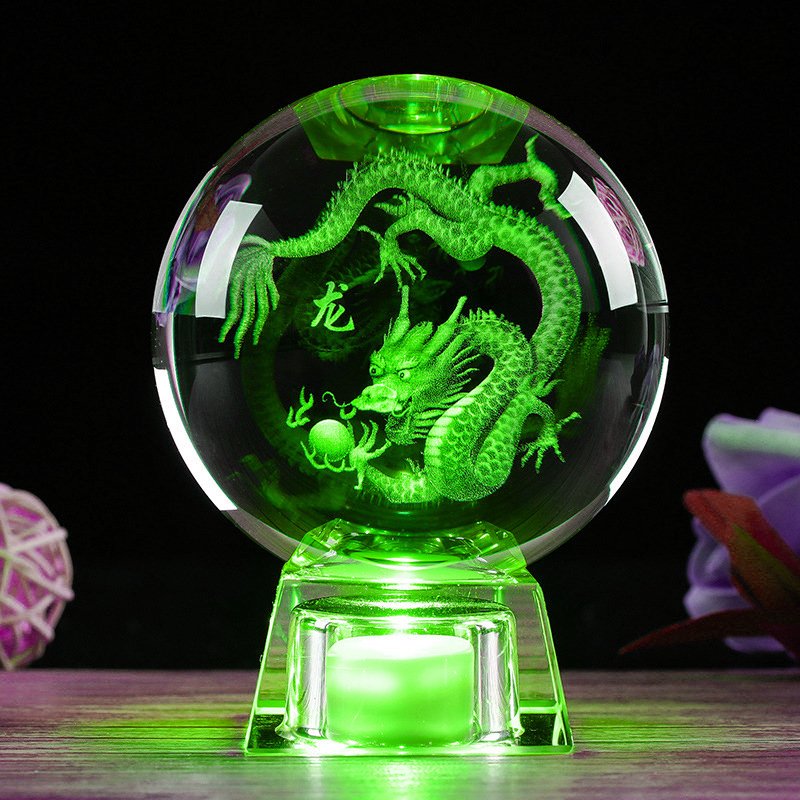 Quả cầu pha lê khắc 3D phong thủy Rồng thần nhả ngọc  - đế đèn led 7 màu - S02