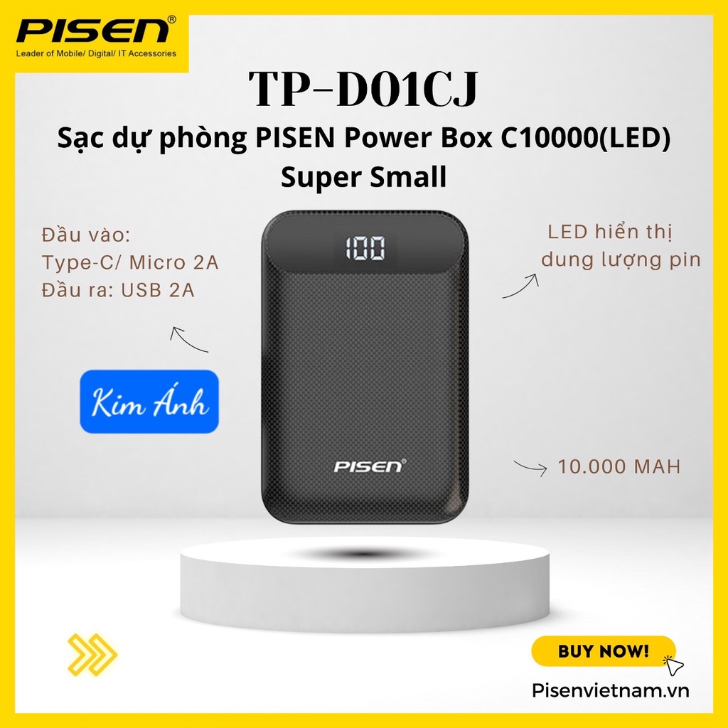 Sạc dự phòng Pisen Power Box C10000 LED 10000mAh (TP-D01CJ), nhỏ gọn, an toàn, sạc đồng thời 2 thiết bị, Hàng chính hãng