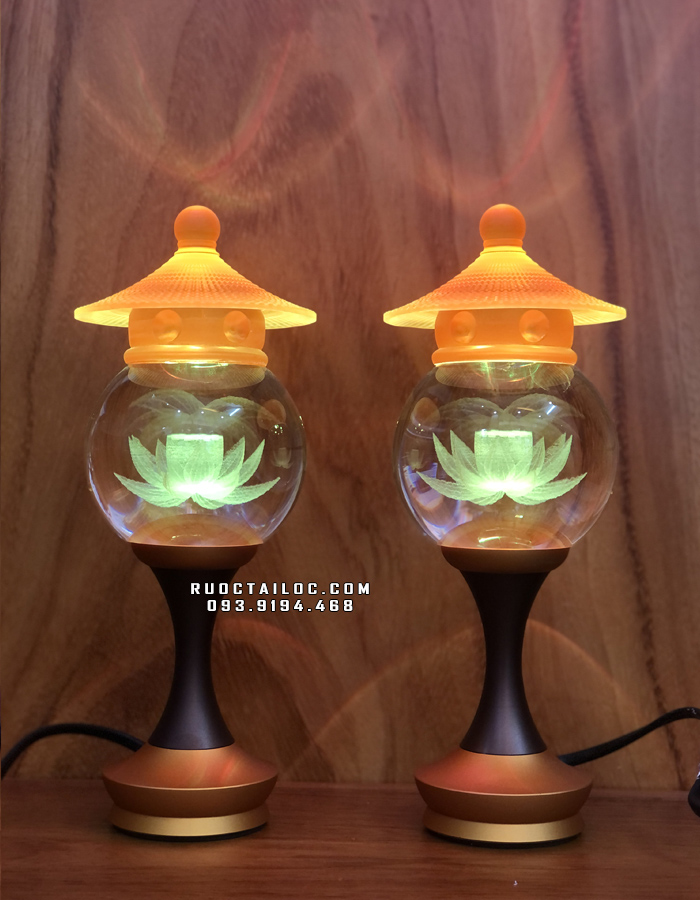 Đèn thờ cúng pha lê nắp lưu ly đổi màu 7 chế độ cao 22-24cm