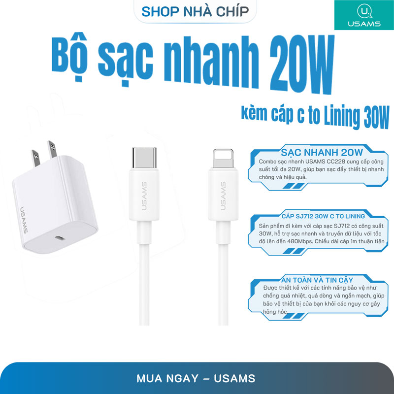 Củ Sạc Nhanh USAMS CC228 20W Kèm Cáp SJ712 30W C to Lning dài 1m dùng cho ip/14/13/12/11... Hàng chính hãng