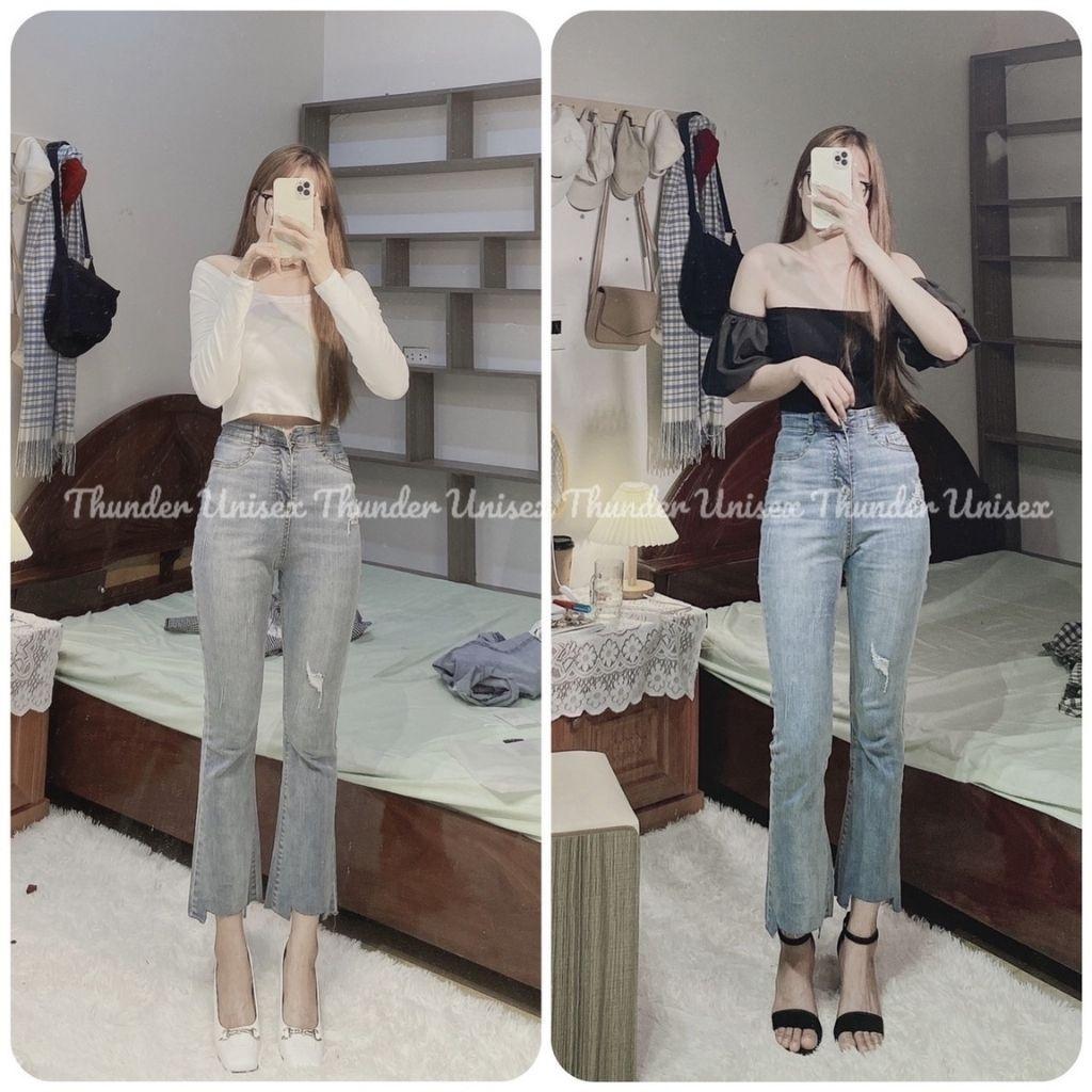 Quần Jean Nữ Ống Loe Lưng Cao Gấu Rách Cá Tính Quần Bò Loe Co Giãn Hack Dáng ThunderUnisex Phong Cách Hàn Quốc Ulzzang