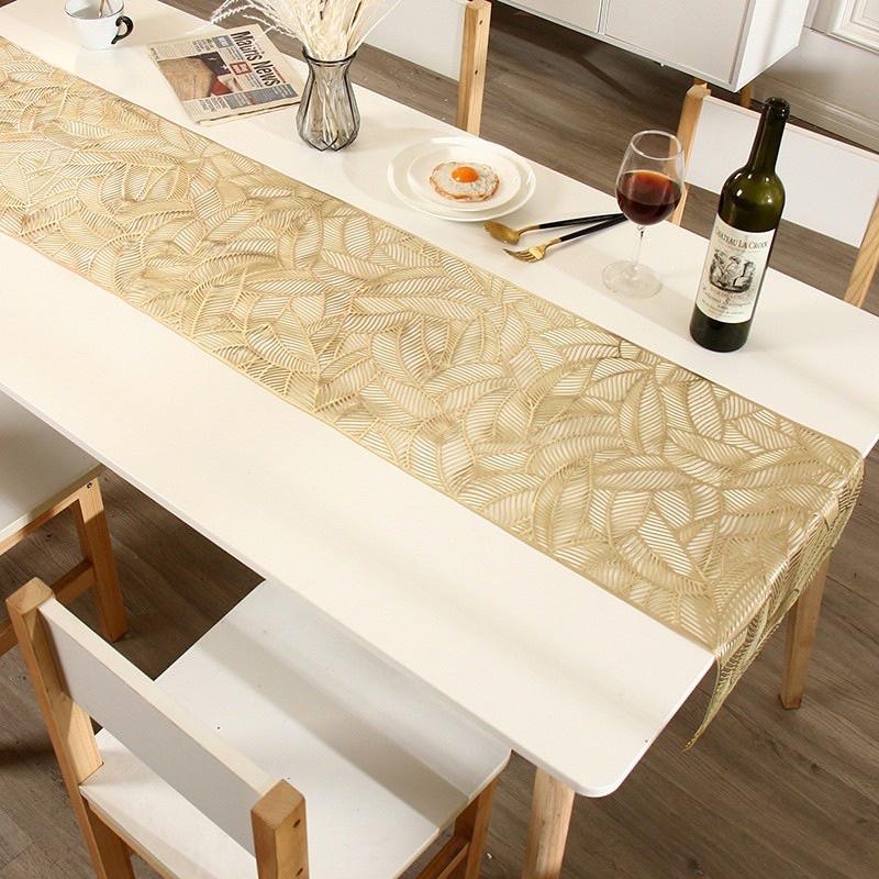 Tấm lót /Khăn trải bàn ăn cao cấp Hoạ Tiết Lá, Table runner decor bàn ăn chất liệu chịu nhiệt chống thấm