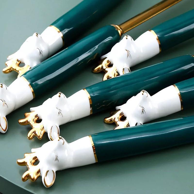 Bộ dụng cụ nấu ăn nhà bếp treo muôi muỗng sạn bằng vàng 6 món - Set giá sạn hươu vàng treo mạ vàng