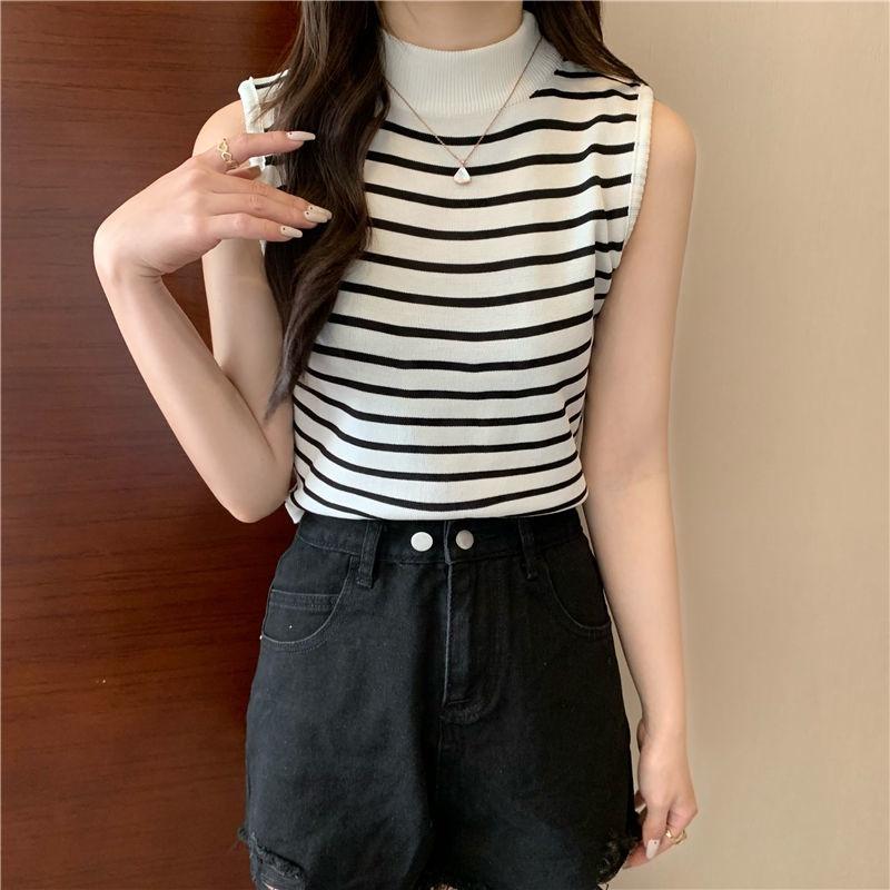 Áo len cổ 3 phân sát nách ngắn tay mỏng 3p nữ ba lỗ cổ cao đẹp croptop dệt kim họa tiết Kẻ Sọc kiểu Hàn Quốc ôm body H12