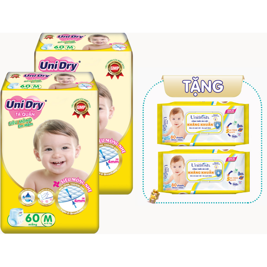 Combo 2 tã quần em bé siêu mỏng UniDry  - Tặng 2 gói khăn ướt Unifresh VitaminE 80M