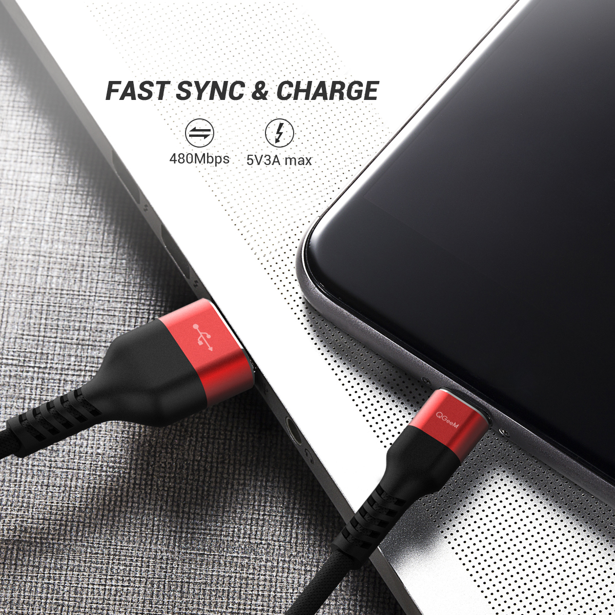 Cáp sạc nhanh QGeeM USB Type C 3A dài 2m - Hàng chính hãng