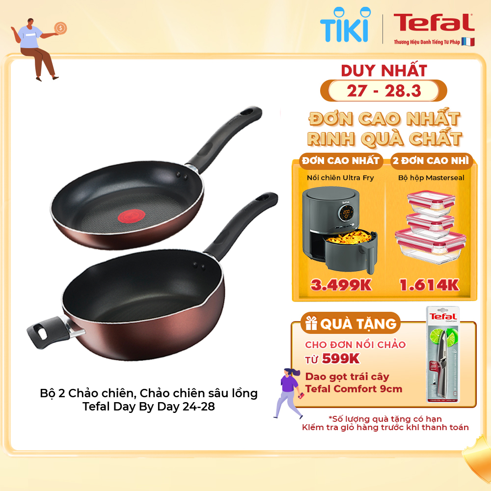 Bộ 2 Chảo chiên, Chảo chiên sâu lồng Tefal Day By Day 24-28 -  Dùng cho mọi loại bếp - Báo nhiệt thông minh - Hàng chính hãng