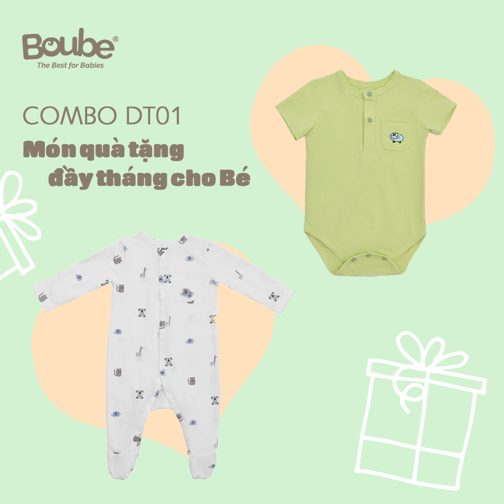 Combo DT01 quà tặng đầy tháng dễ thương cho các em bé sơ sinh Boube, Vải cotton organic thoáng mát - Size sơ sinh