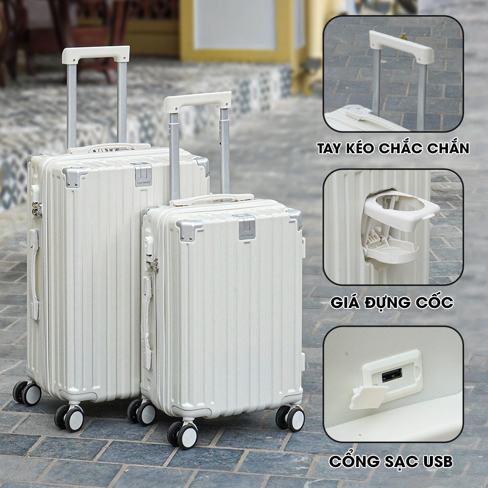 Vali du lịch size 20 inch SUNNY-SV15, vali kéo xách tay tiện ích cổng sạc USB, khay đựng cốc