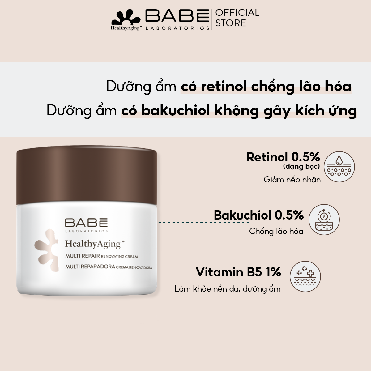 Kem dưỡng chống lão hóa da, phục hồi da Babe Healthy Aging + Muite Repair Renovating Cream night 50ml