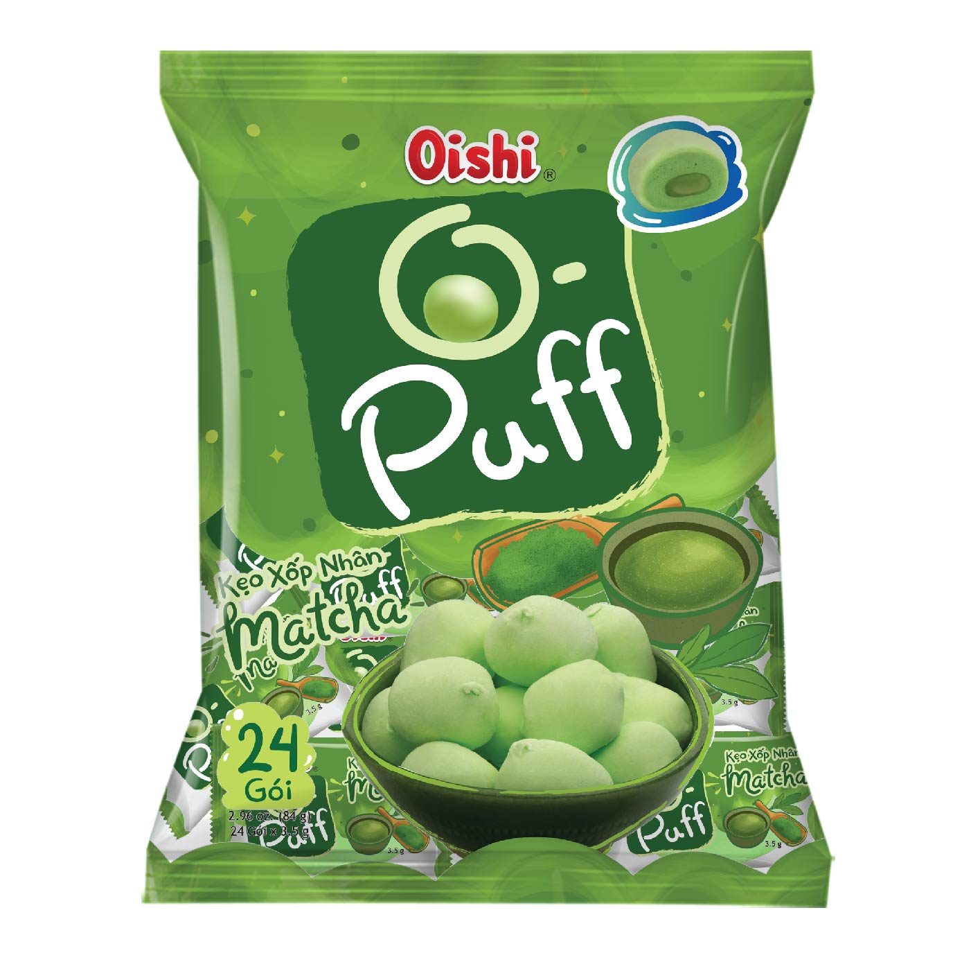 Combo 12 gói Oishi Kẹo Xốp Nhân Trà Xanh Matcha O-Puff (84g/gói)