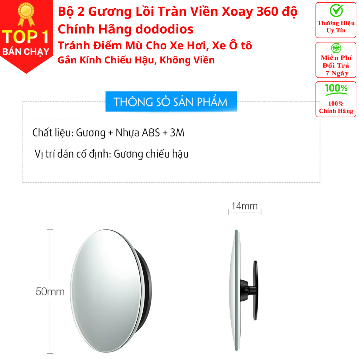 gương cầu lồi cho xe ô tô, Bộ 2 Gương Cầu Lồi Tràn Viền Xoay 360 độ Gắn Cho Kính Gương Chiếu Hậu Tránh Điểm Mù Cho Xe Hơi, Xe Ô tô - Hàng Chính Hãng dododios