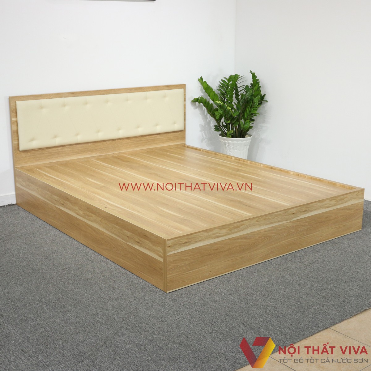 Giường Ngủ Gỗ MDF Melamine Vân Gỗ Vàng Sọc Có Đầu Nệm Kem Đẹp