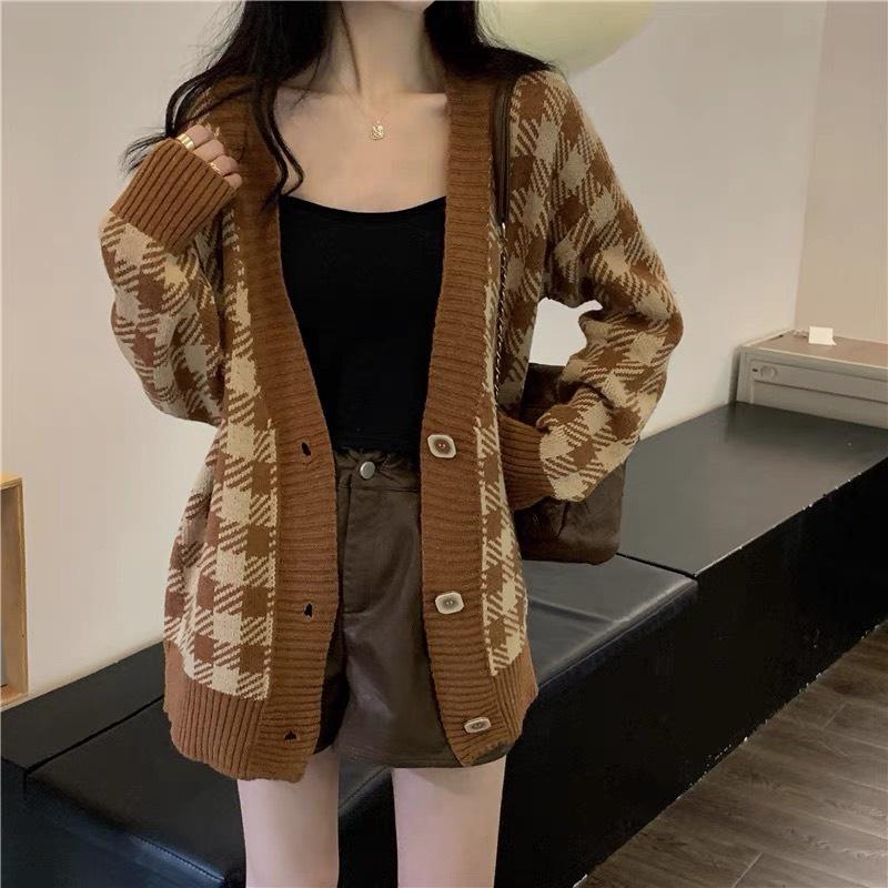 Áo cardigan khoác len nữ tay dài kẻ caro vintage nâu đen form dài rộng chất dày dặn kiểu Hàn Quốc hàng Quảng Châu C-7