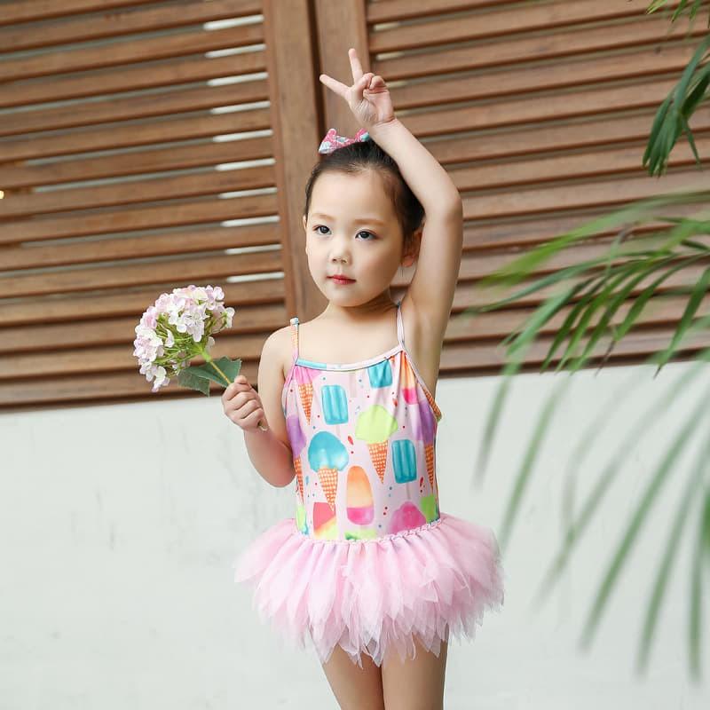 Bikini,bộ bơi bé gái liền thân phối ren kèm mũ xinh xắn