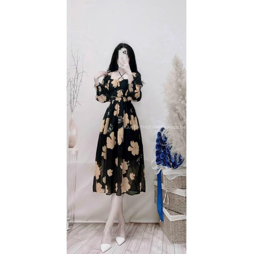 T105 maxi dáng xòe voan hoa tay dài dây chéo cổ đi biển