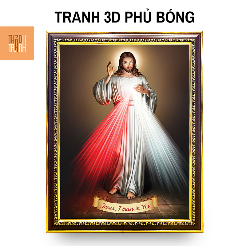 Tranh 3D Công Giáo Treo Tường - Lòng Chúa Thương Xót CG001, 35x47cm - Khung Composite Cổ Điển, Pha lê, Tráng gương
