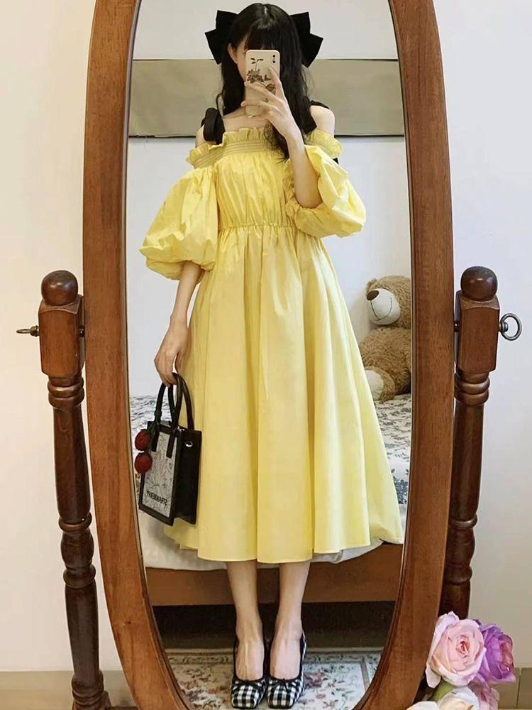 CHENGRUI Phong cách Pháp trà nghỉ công chúa phong siêu tiên khí chất một chữ cổ hở vai đầm nữ sinh mùa hè trung bình dài chữ A váy