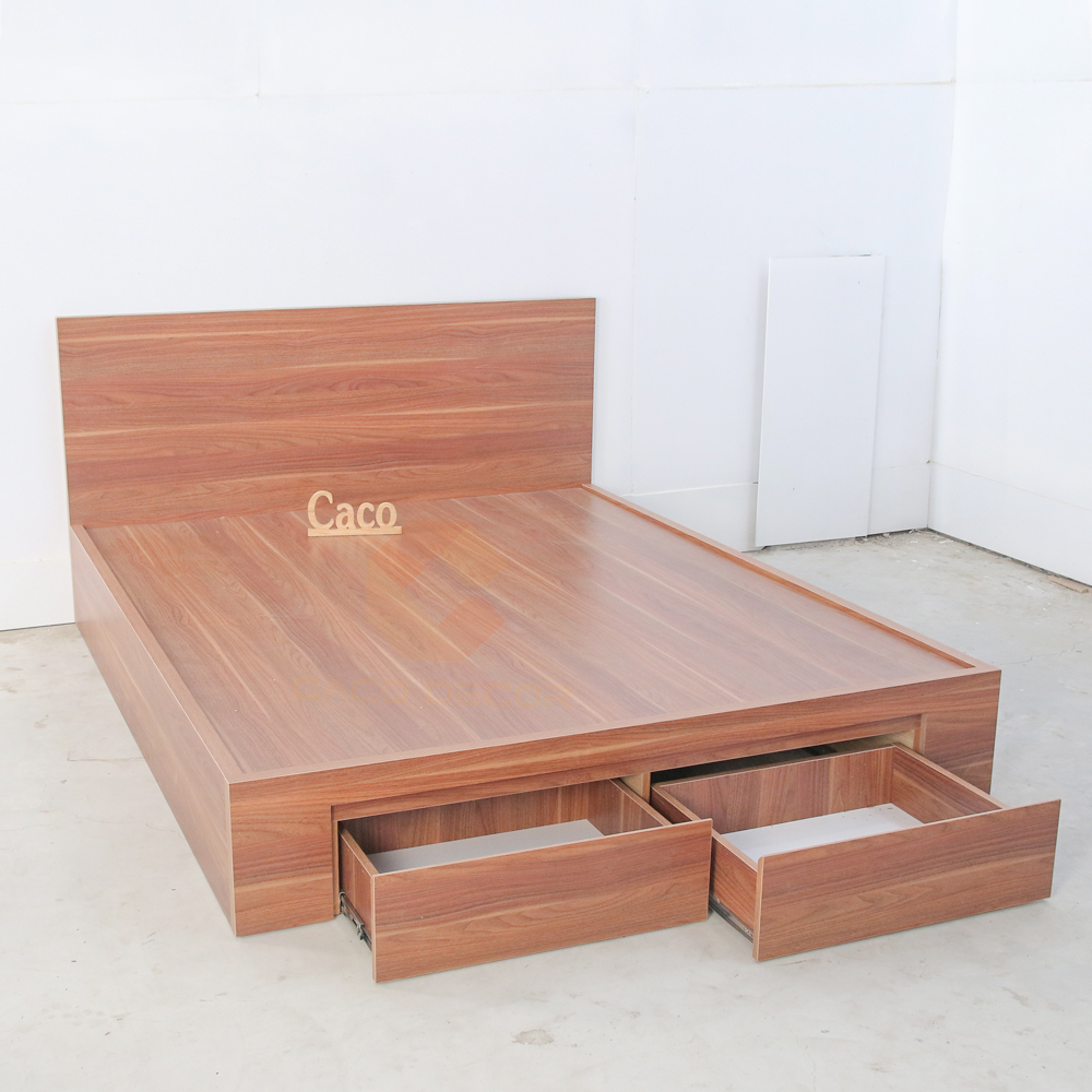 GIƯỜNG NGỦ GỖ MDF PHỦ MELAMINE MÀU VÂN GỖ ĐỎ CÓ HAI HỌC KÉO