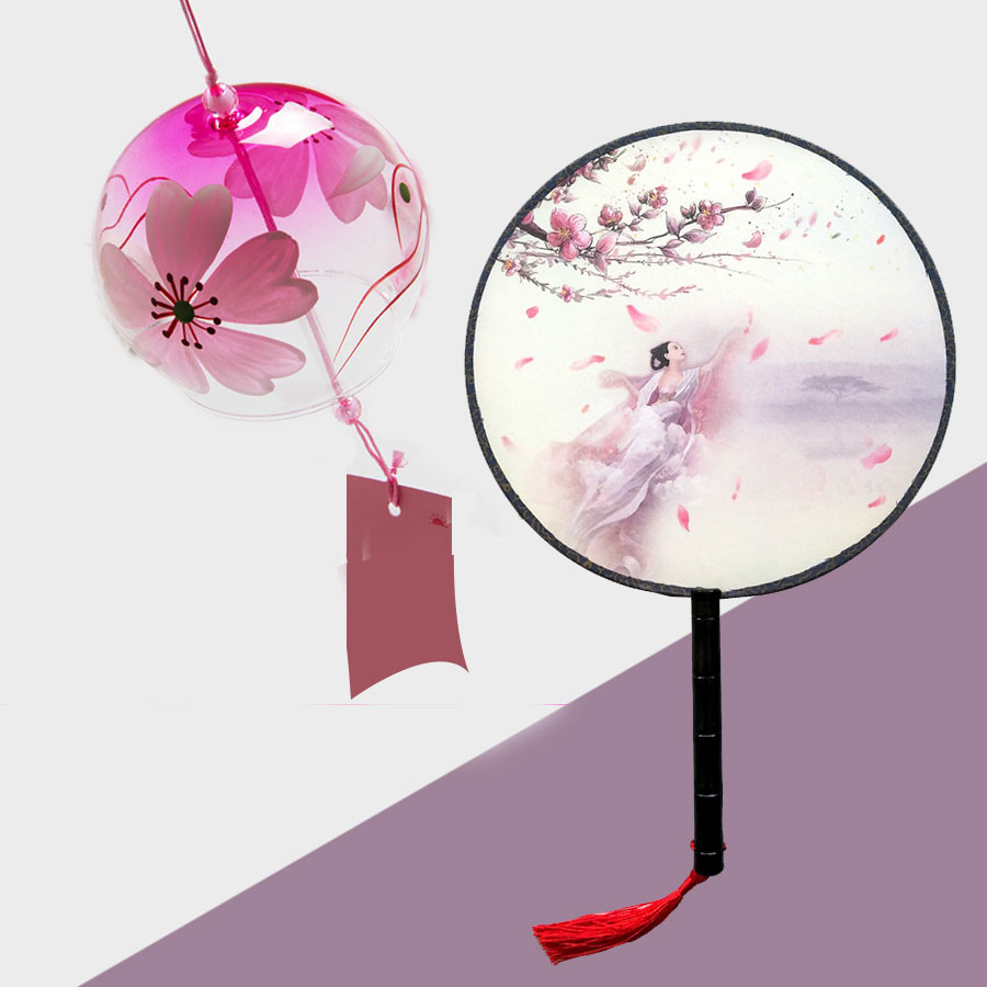 Set quà tặng chuông gió Furin quạt tròn cổ trang