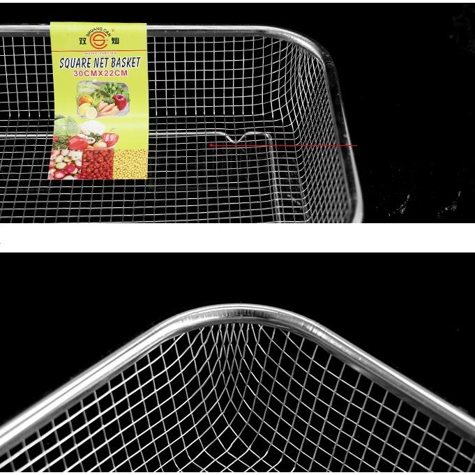 Rổ inox lưới thưa đựng thức ăn, rau củ quả hình chữ nhật 29x21x6cm siêu bền đẹp