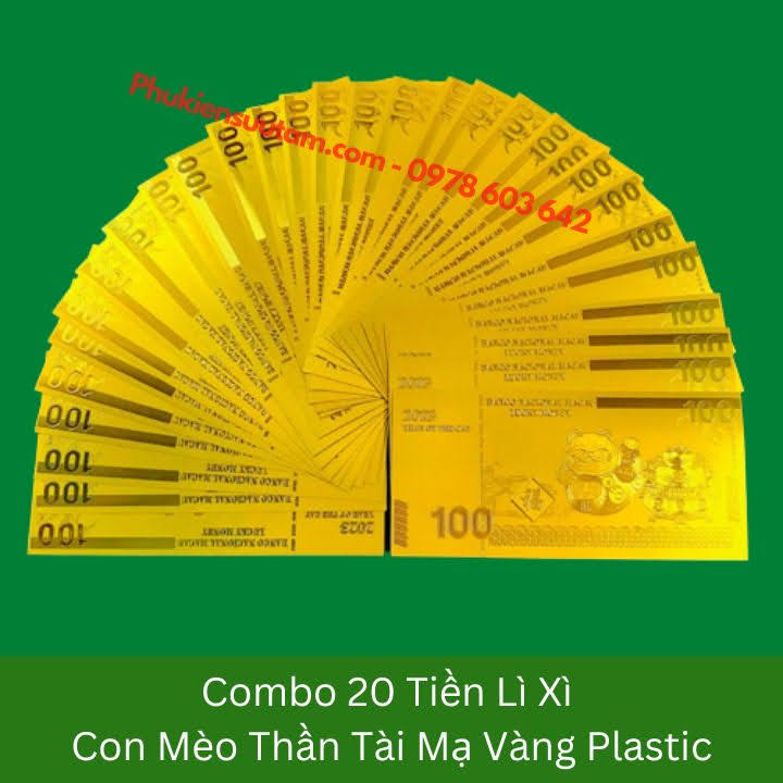 Combo 20 Tờ Lì Xì Con Mèo Thần Tài Mạ Vàng Plastic, kích thước: 15.5cmx7.5cm, màu vàng - SP005906